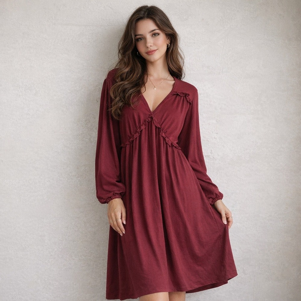 NWT Aokosor Ruffle V-Neck Dress‎ Women 2X Burgundy Long Sleeve Babydoll Boho